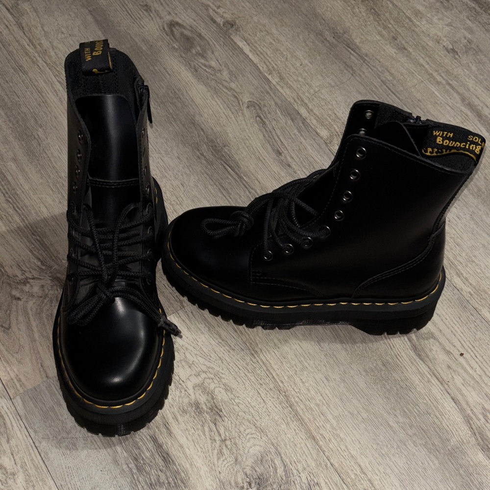 Dr. Martens Black Leather Boots with Yellow Stitching